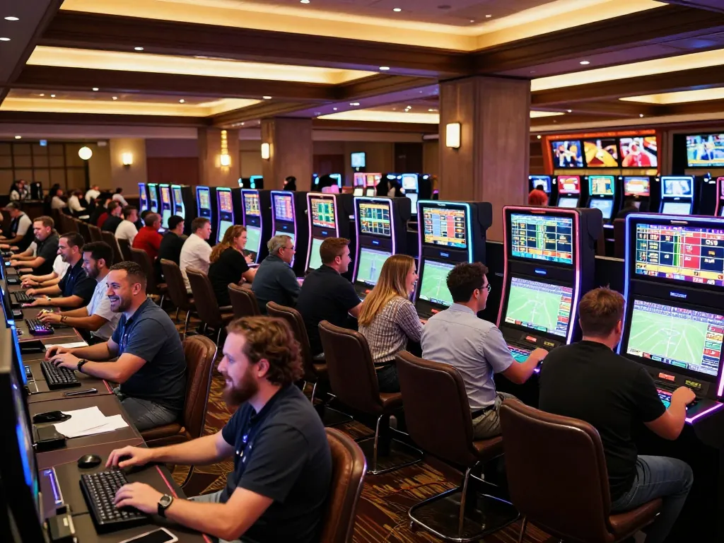 Patrons excitedly betting in the okwin68 sports area, showcasing a vibrant atmosphere.