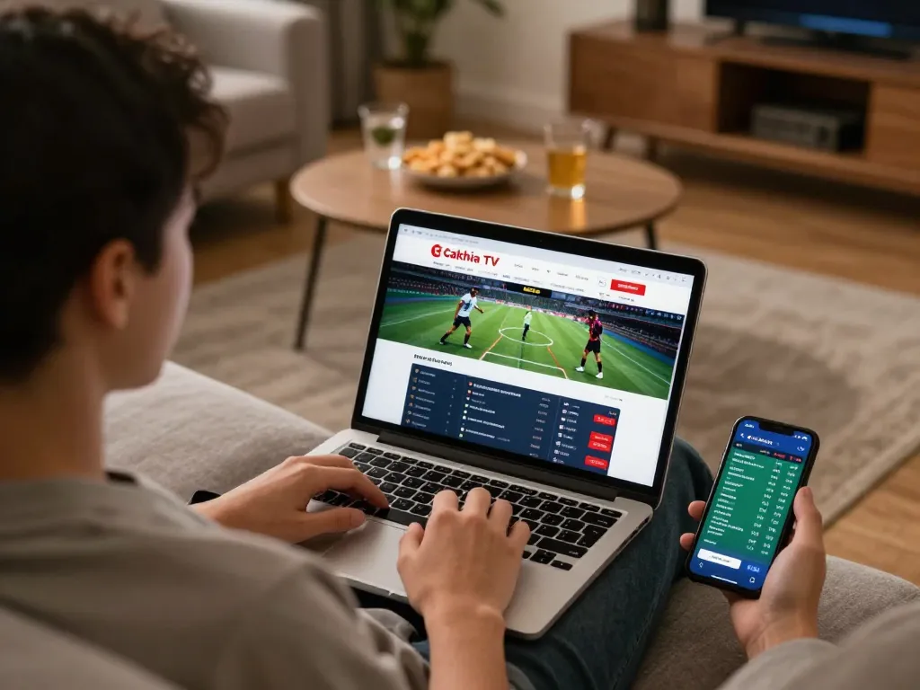 Cakhia TV sports betting scene with a user engaged in online wagering.