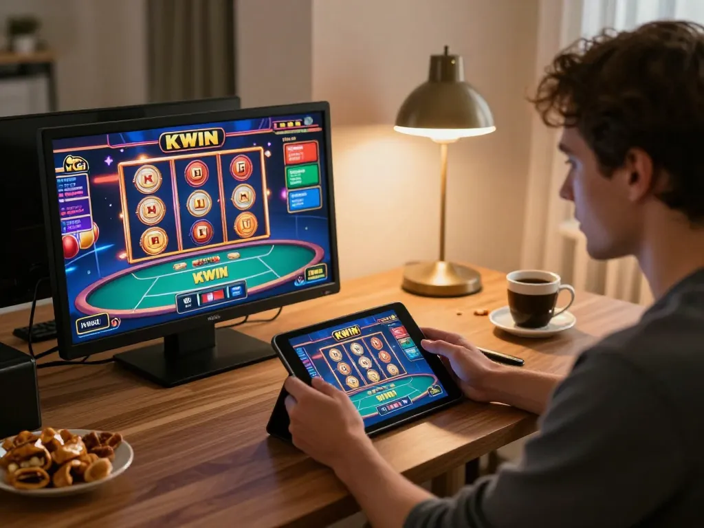 KWIN player enjoying an online casino game on tablet at home for strategic gaming.