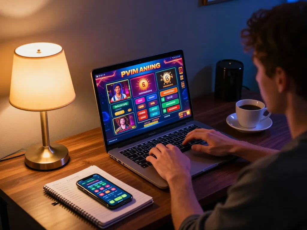 Engaged player exploring max88 online casino games on laptop, surrounded by strategic notes and smartphone.