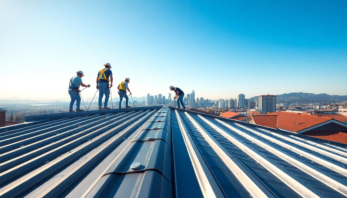 Installing metal roofing vancouver with skilled workers in a scenic urban setting, showcasing craftsmanship.