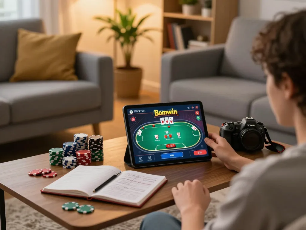 Bettor enjoys exciting gameplay on Bomwin using a tablet in a cozy home setting with poker chips and strategy notes.