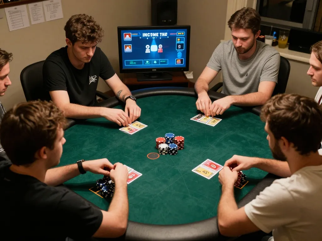 Players engaging in a competitive online poker game on 7me app with stacks of chips visible