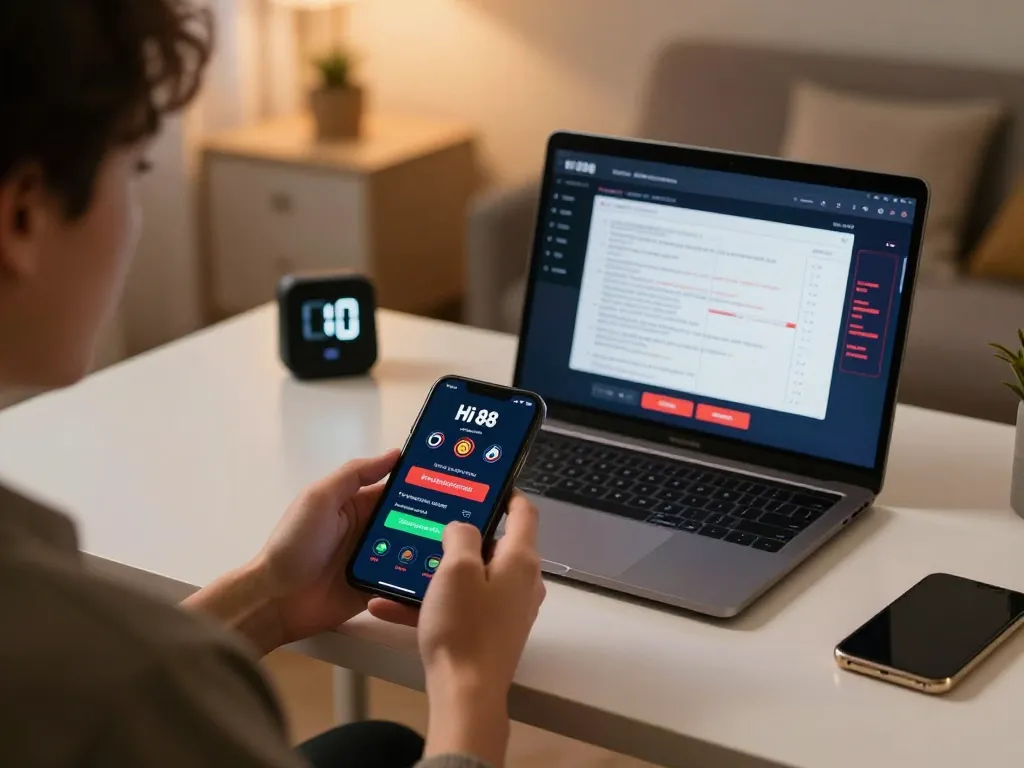 Player using Hi 88 casino app on smartphone for responsible gambling from cozy home office