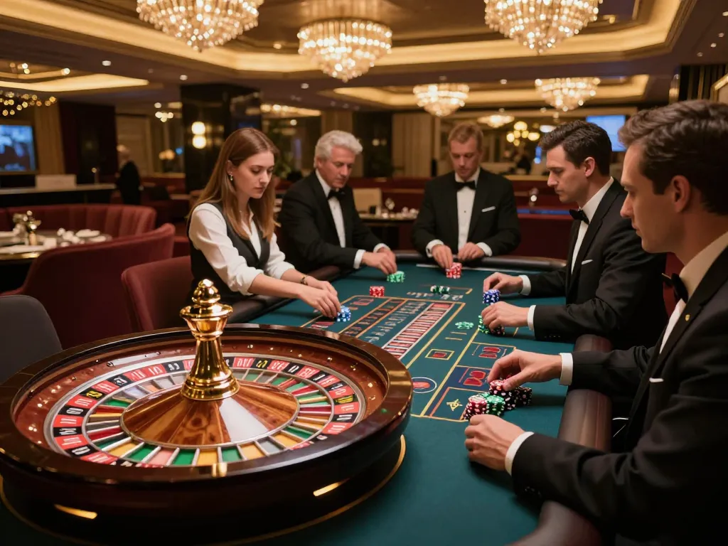 Kwin players making strategic bets at a vibrant roulette table in a luxurious casino setting