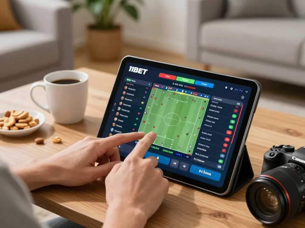 Engaging sports betting action on 11BET with real-time odds displayed on a tablet in a cozy living room.