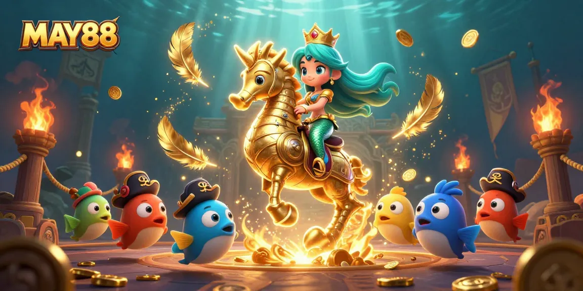 MAY88 highlights the thrilling underwater casino world with a mermaid and golden seahorse.