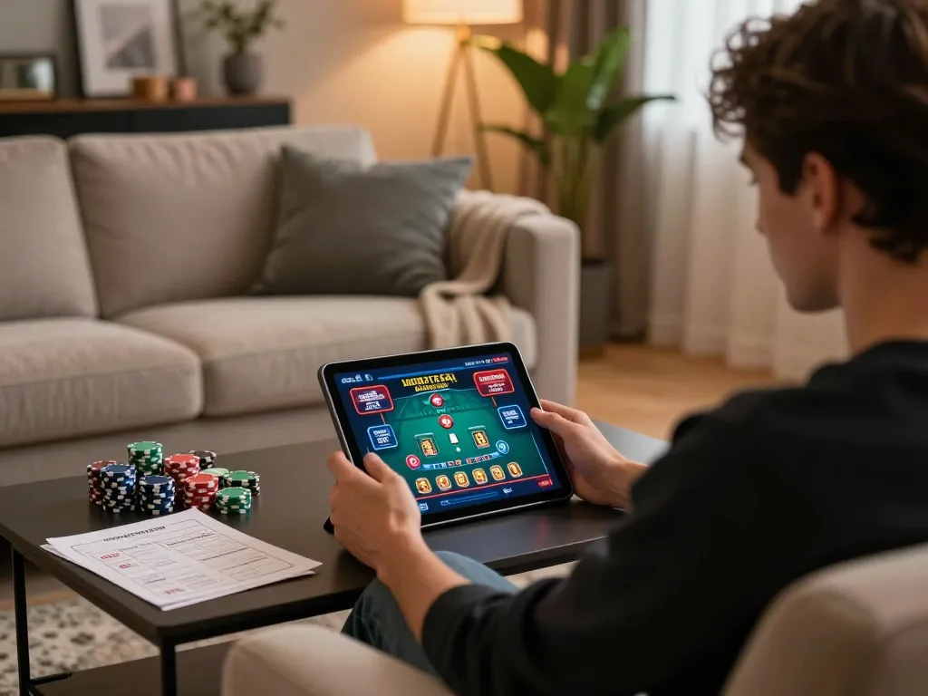 Enjoying a live dealer game on CO88, person engaging with online casino from a cozy home setting.