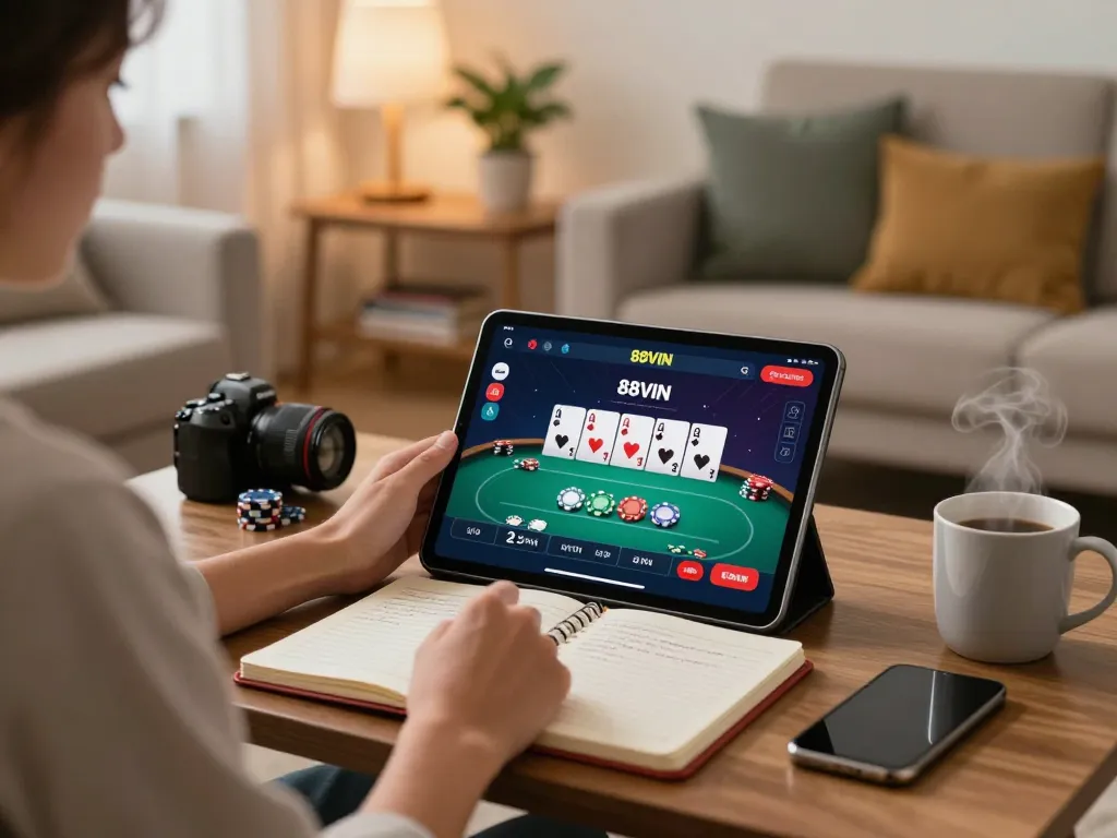 88VIN player engaging with poker game on tablet at home, showcasing strategic gaming atmosphere.