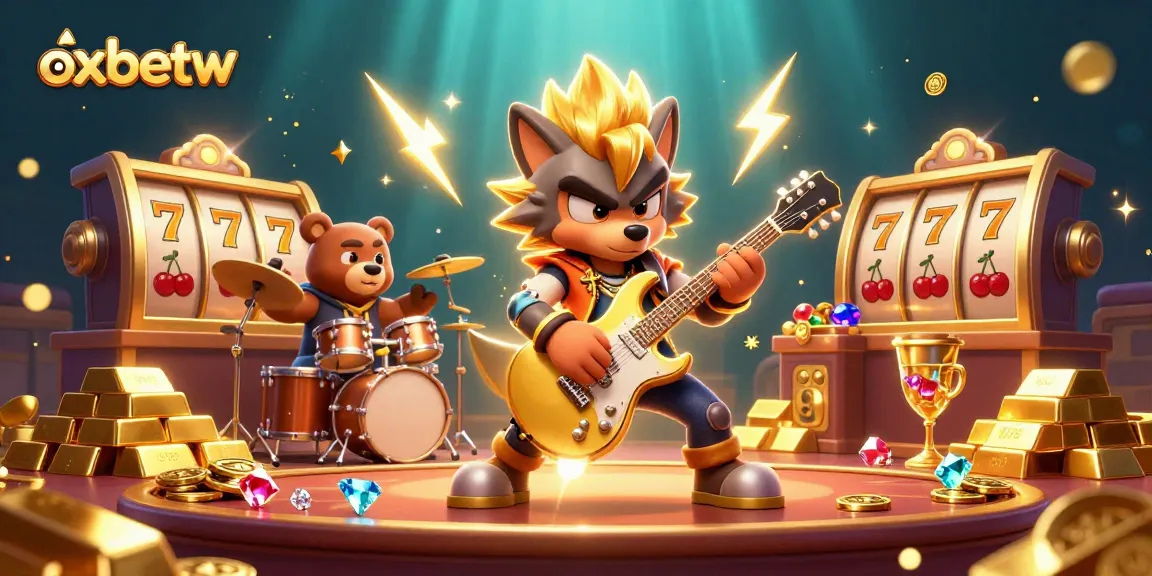 Win big with oxbetw's 3D casino scene showcasing lively characters and exciting slot elements.