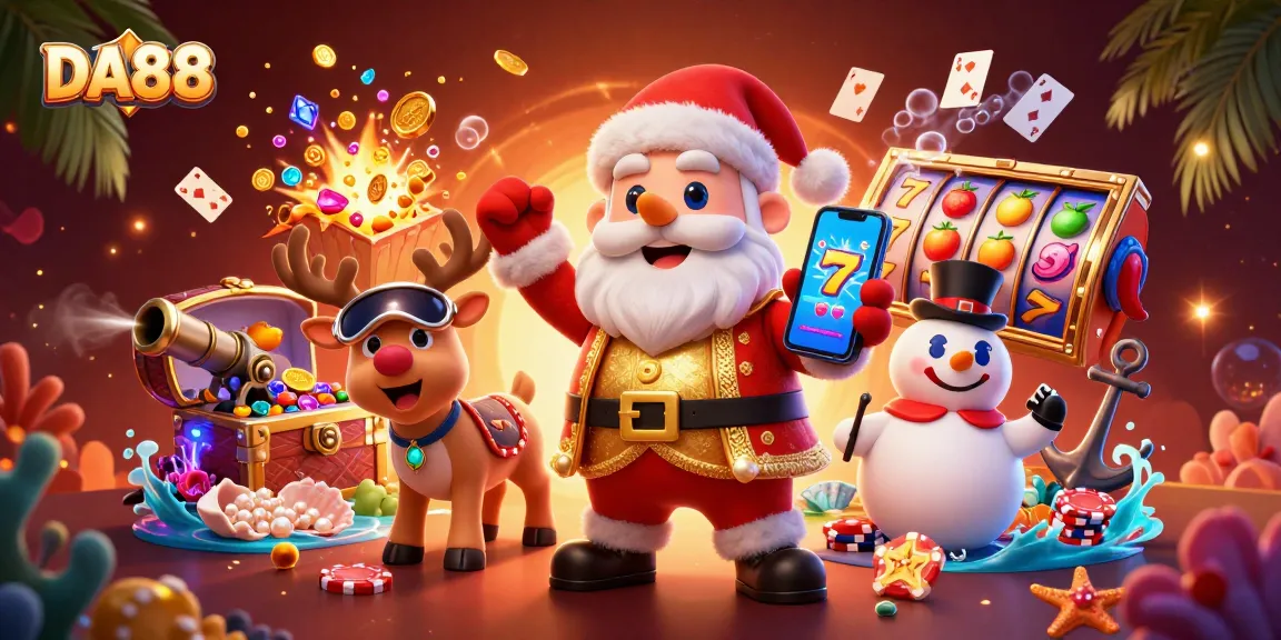 Spin to win with DA88 in a festive casino scene featuring colorful slots, gold coins, and cheerful characters.