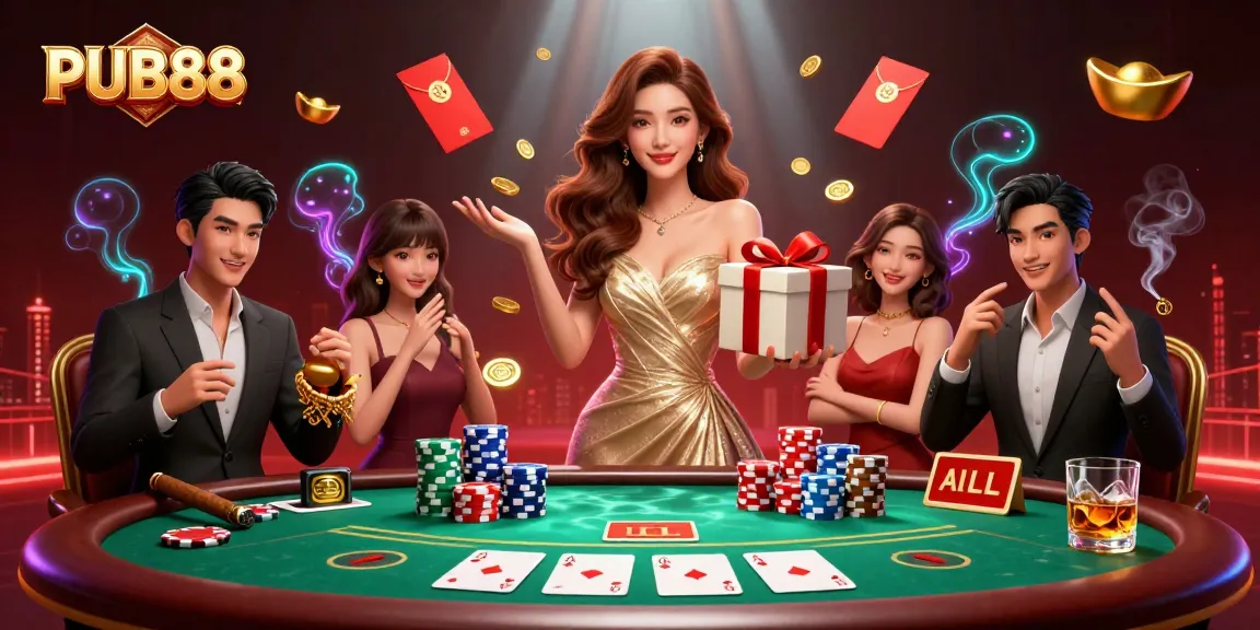 Win big with PUB88 as a stunning Asian woman holds golden coins in a flashy casino scene.