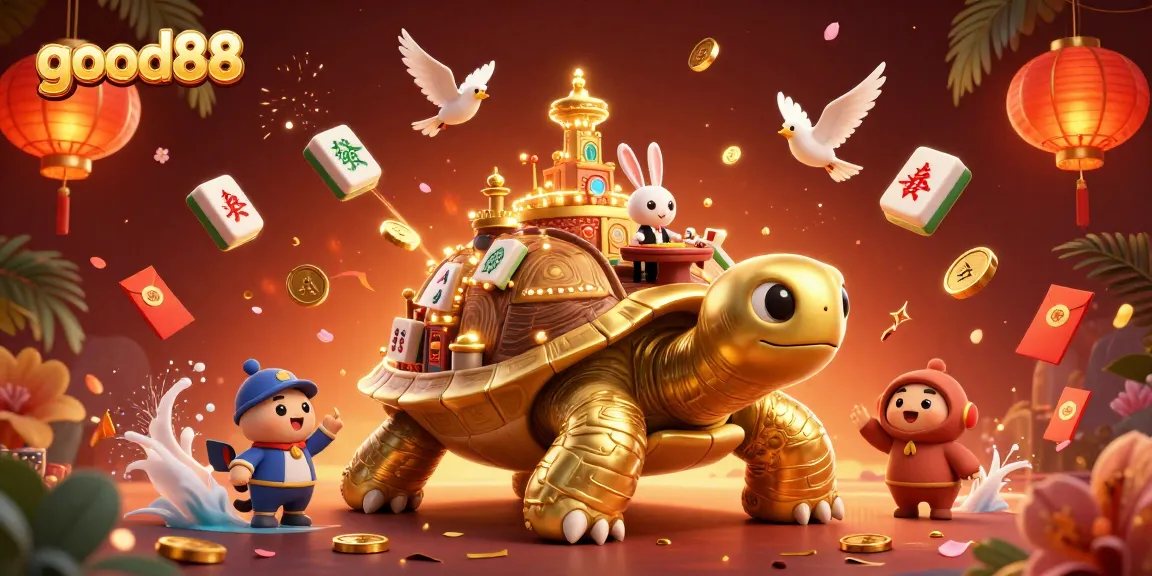 Spin and win at good88 with a golden tortoise as your lucky charm in a vibrant casino scene.