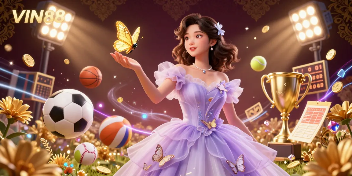 Engage with VIN88 in this vibrant scene featuring an Asian woman amidst dynamic sports betting elements.