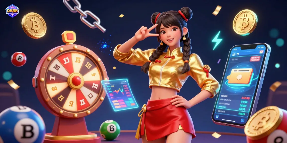 Experience the excitement of DV88 casino gaming with a vibrant, colorful illustration of a joyful player surrounded by lottery elements.