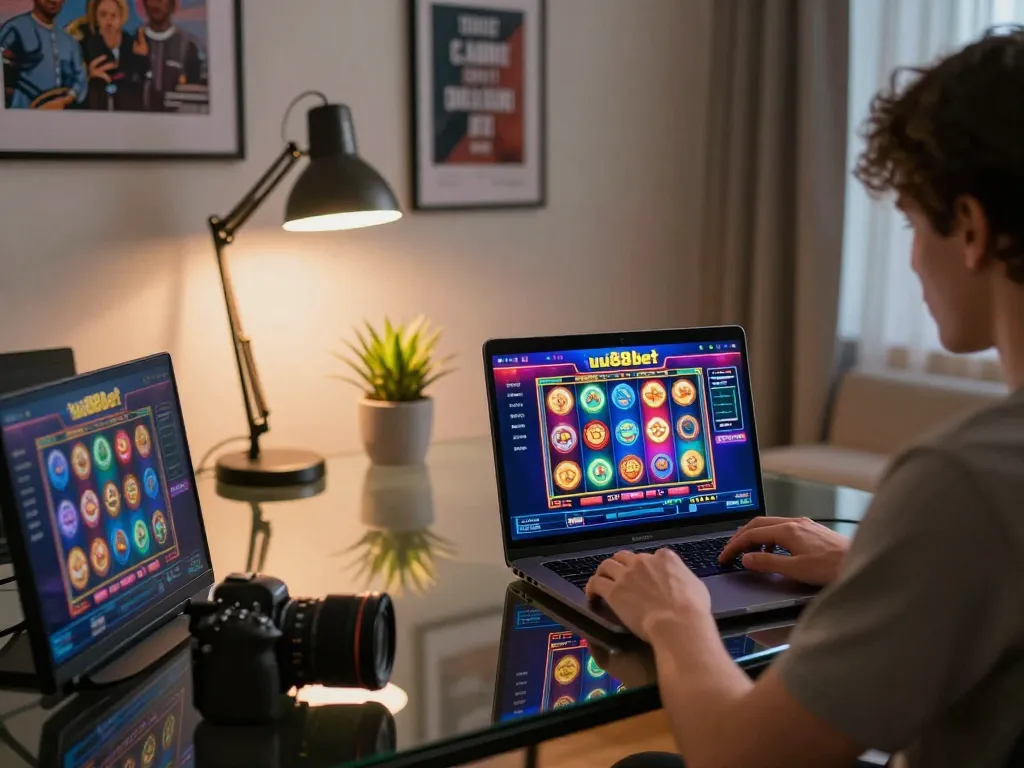 Engaged gamer uses uu88bet casino app on laptop to spin reels for exciting online slots.