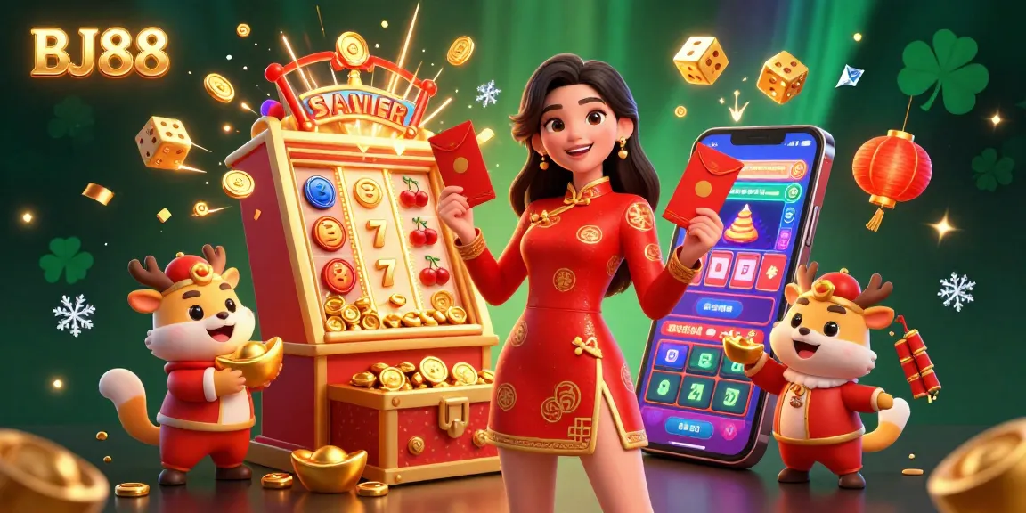 Experience winning moments at BJ88 with this vibrant 3D casino illustration featuring festive characters and dynamic game elements.