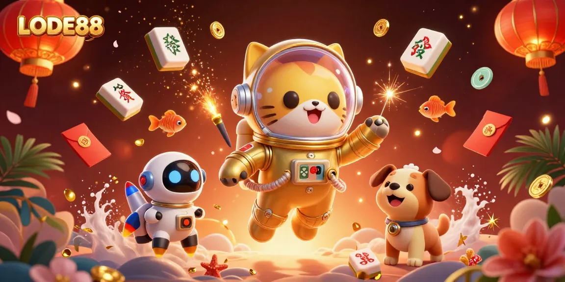 Engage in thrilling gameplay on LODE88 with a dynamic and colorful 3D casino illustration.
