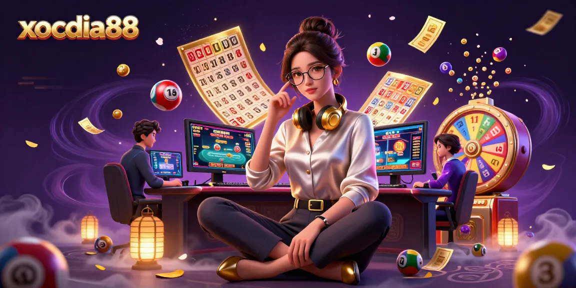 xocdia88 showcases a glamorous scene of a skilled gamer amidst dynamic casino games and vibrant lottery elements.