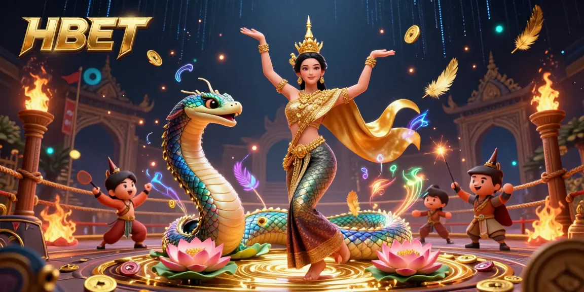 Experience thrilling action with HBET as a beautiful dancer and Naga serpent create a vibrant casino scene.