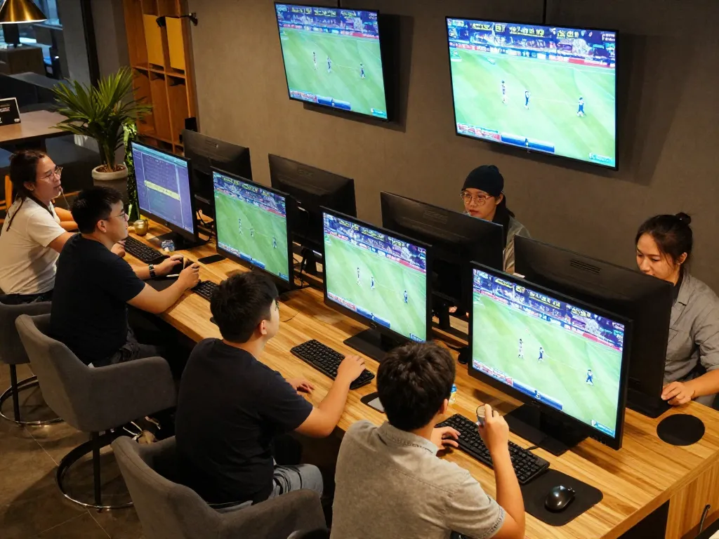 BOM88 bettors analyzing odds in a lively sports betting lounge