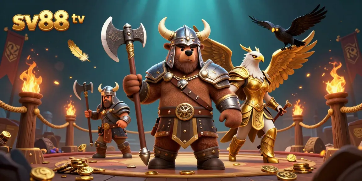 Win exciting games at sv88 tv with a vibrant 3D adventure featuring Viking characters and dynamic casino elements.