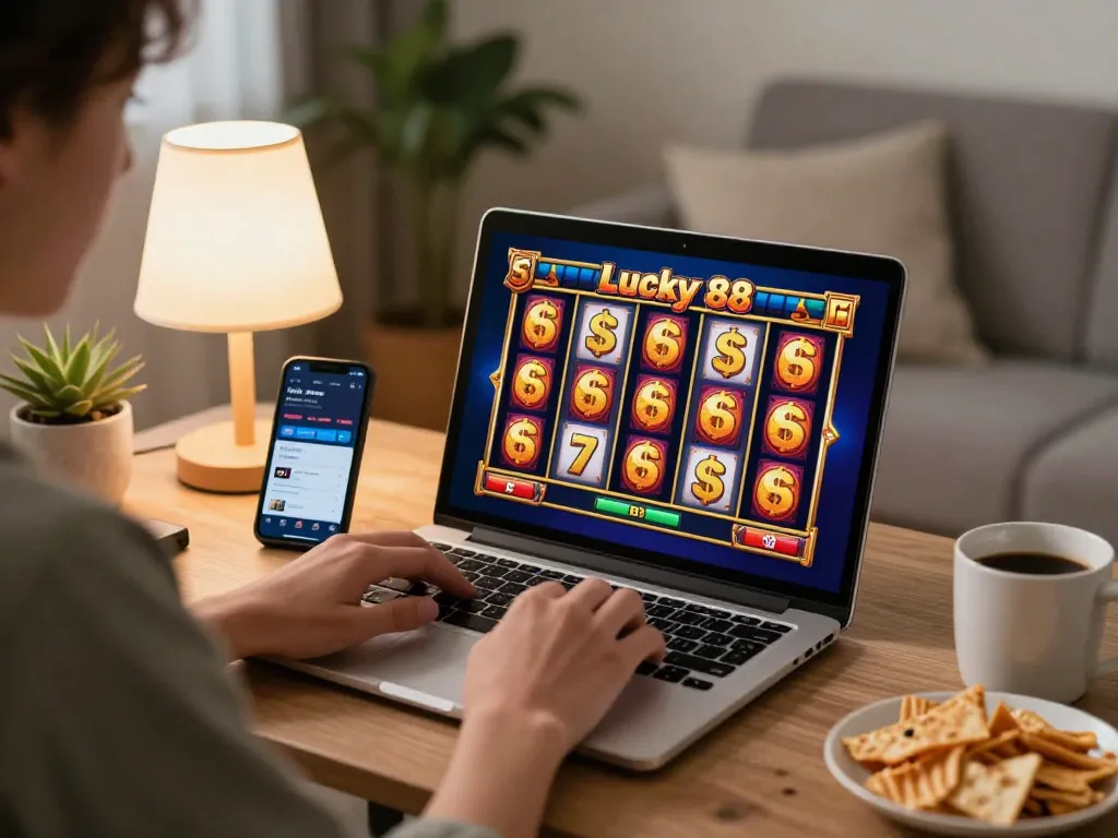 Playing the Lucky 88 slot game on a laptop in a cozy living room environment.