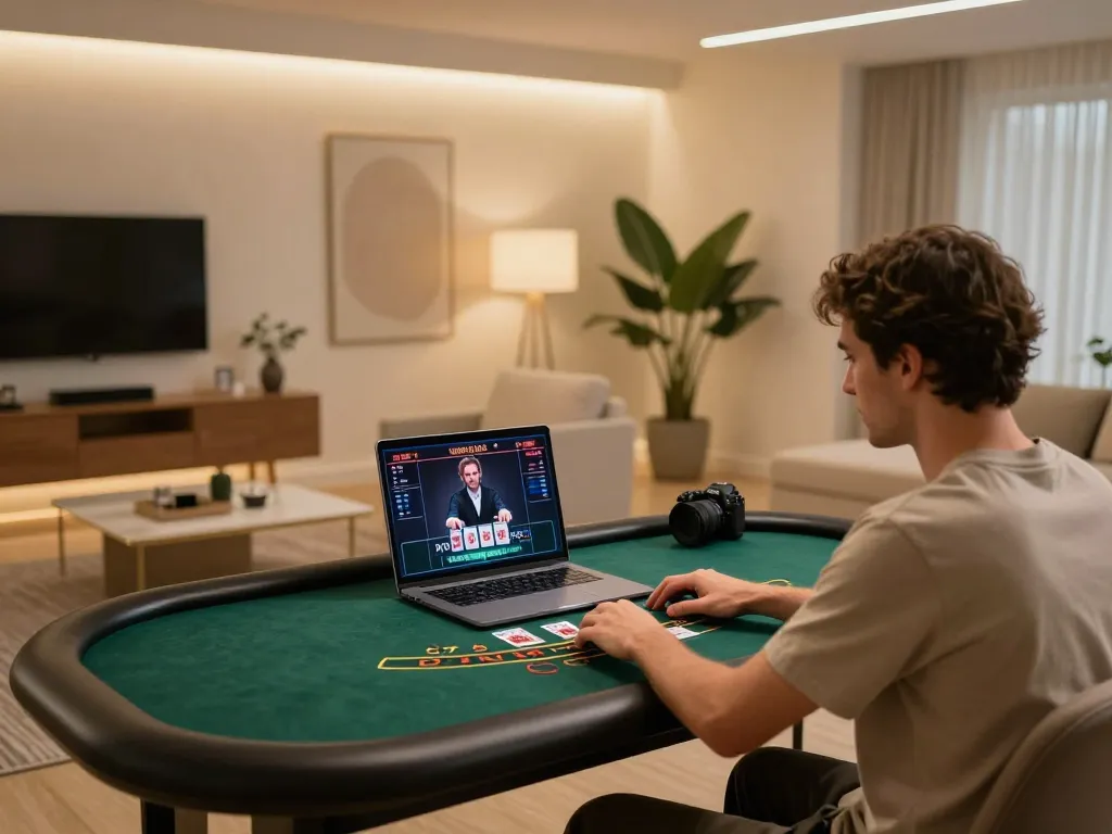 Player experiencing live blackjack on laptop at home, showcasing responsible gaming with five88.