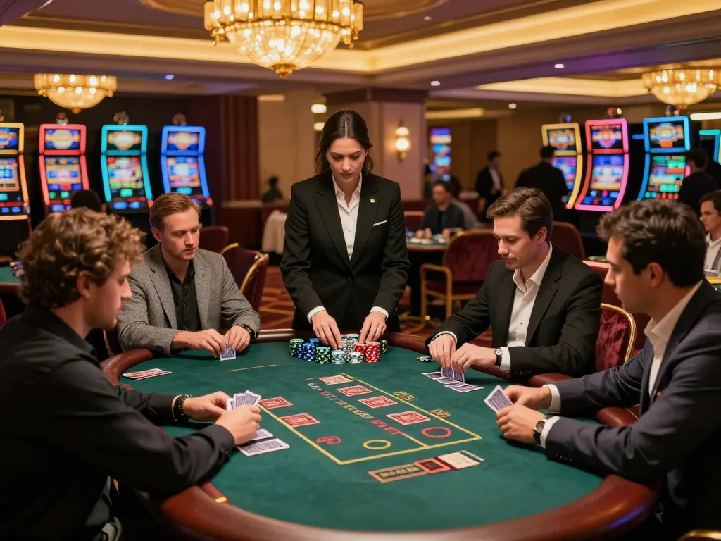 Players strategizing at a blackjack table in a sunwin-themed casino, showcasing intense gameplay and luxury decor.