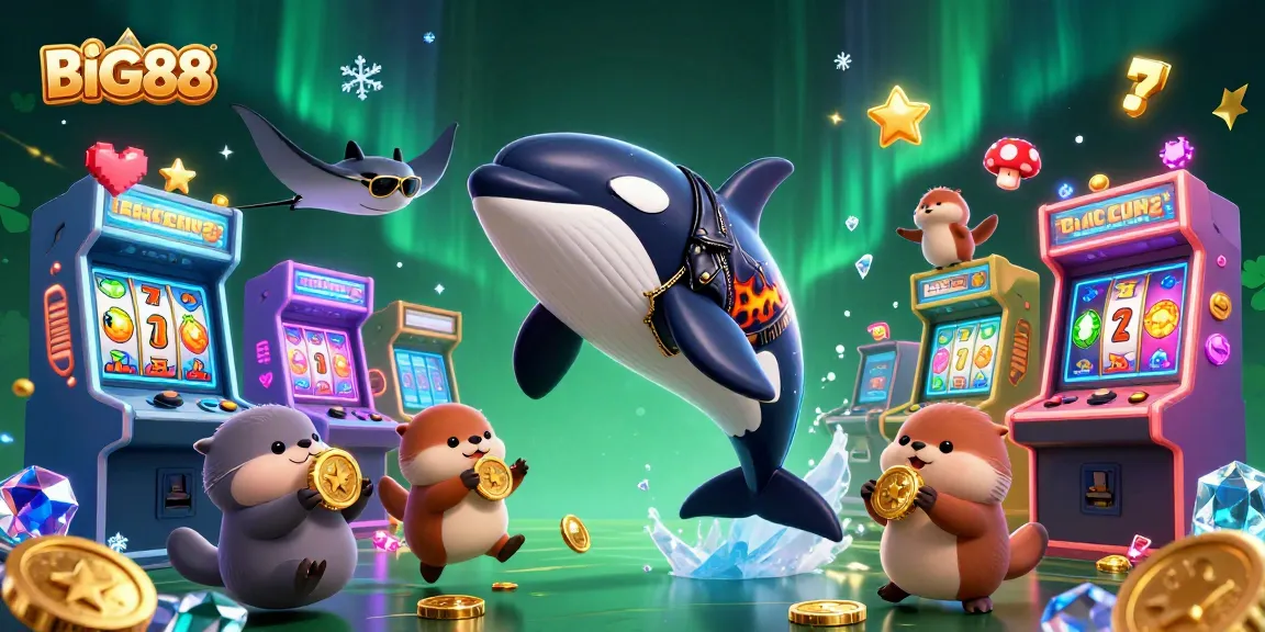 Engage in exciting gameplay with BIG88, featuring a vibrant scene of a jumping whale and sea otters amidst casino elements.