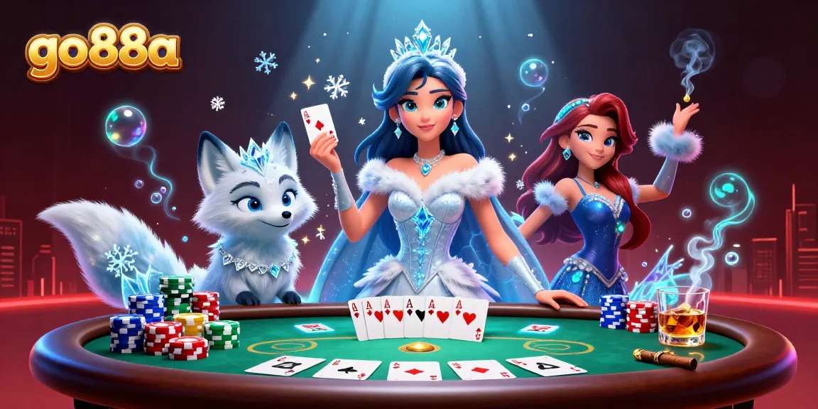 Play poker with go88a in a luxurious casino setting, featuring stunning characters and rich details.