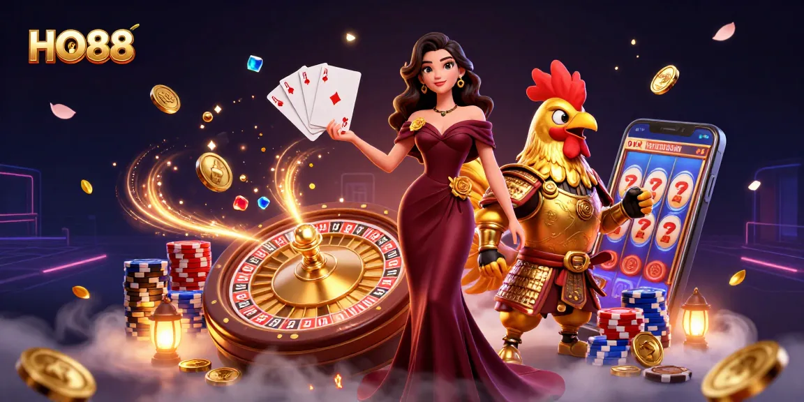 Experience the excitement of HO88 online gambling with vibrant visuals showcasing gaming elements and glamour.
