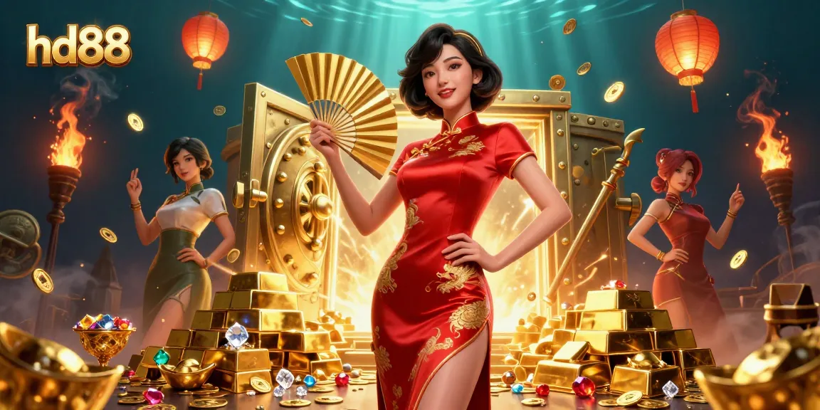 hd88 captivates with a vibrant Asian woman in a qipao amid golden treasures and coins.