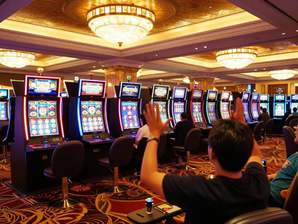 Players enjoying vibrant slot machines at xoso66 casino, celebrating wins in an upscale environment.