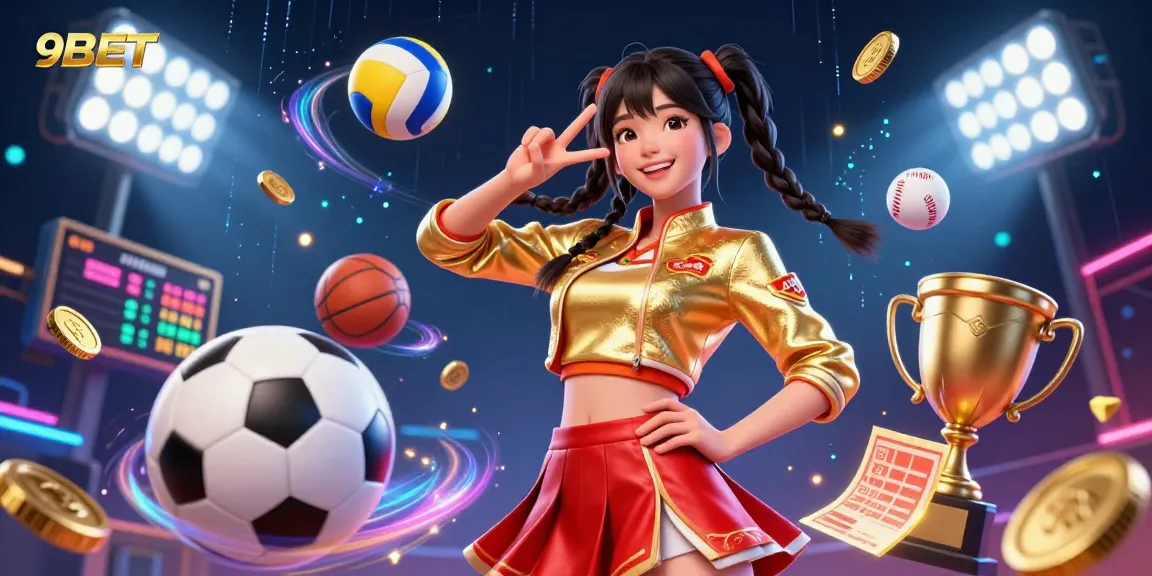 Experience the excitement of 9BET with a vibrant 3D illustration showcasing sports betting elements, trophy, and lively graphics.