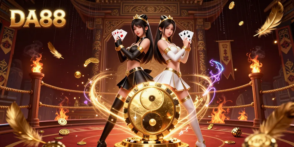 Engage in thrilling gaming with DA88 as twin Asian women expertly showcase their cards amidst a rich casino backdrop.