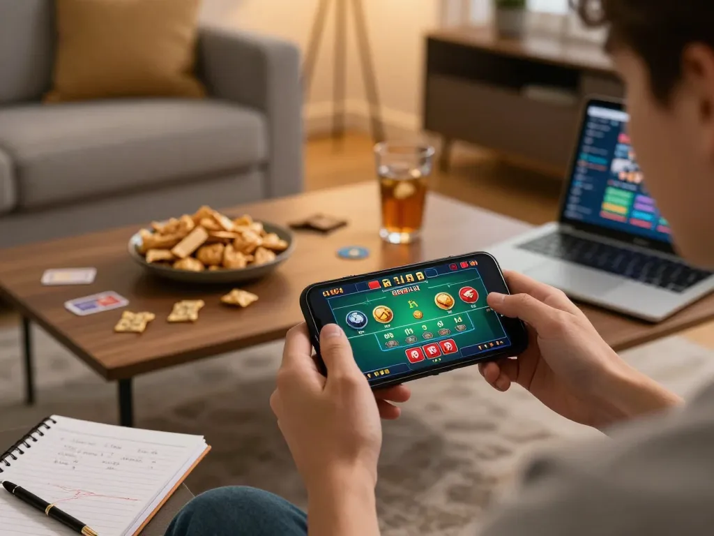 VA88 player enjoying live dealer game on a smartphone in a cozy living room setting.