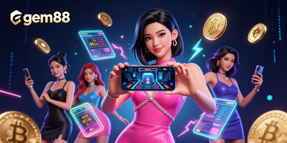 Experience live dealer games on gem88 with a stunning Asian woman showcasing casino technology.