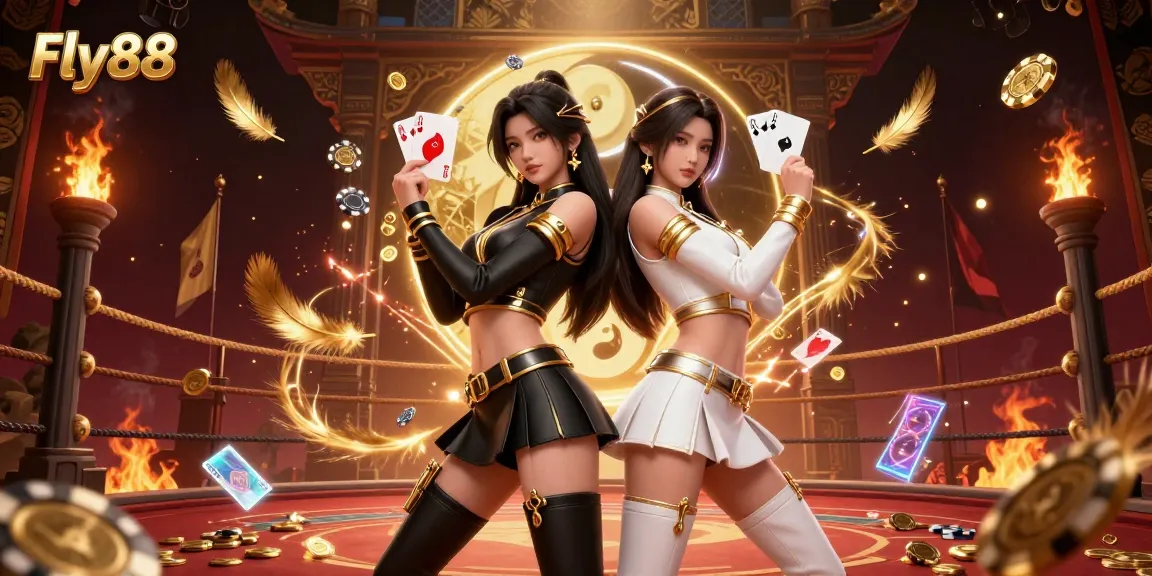 Fly88 showcases a vibrant casino scene with twin Asian women holding playing cards, symbolizing dynamic gaming energy.