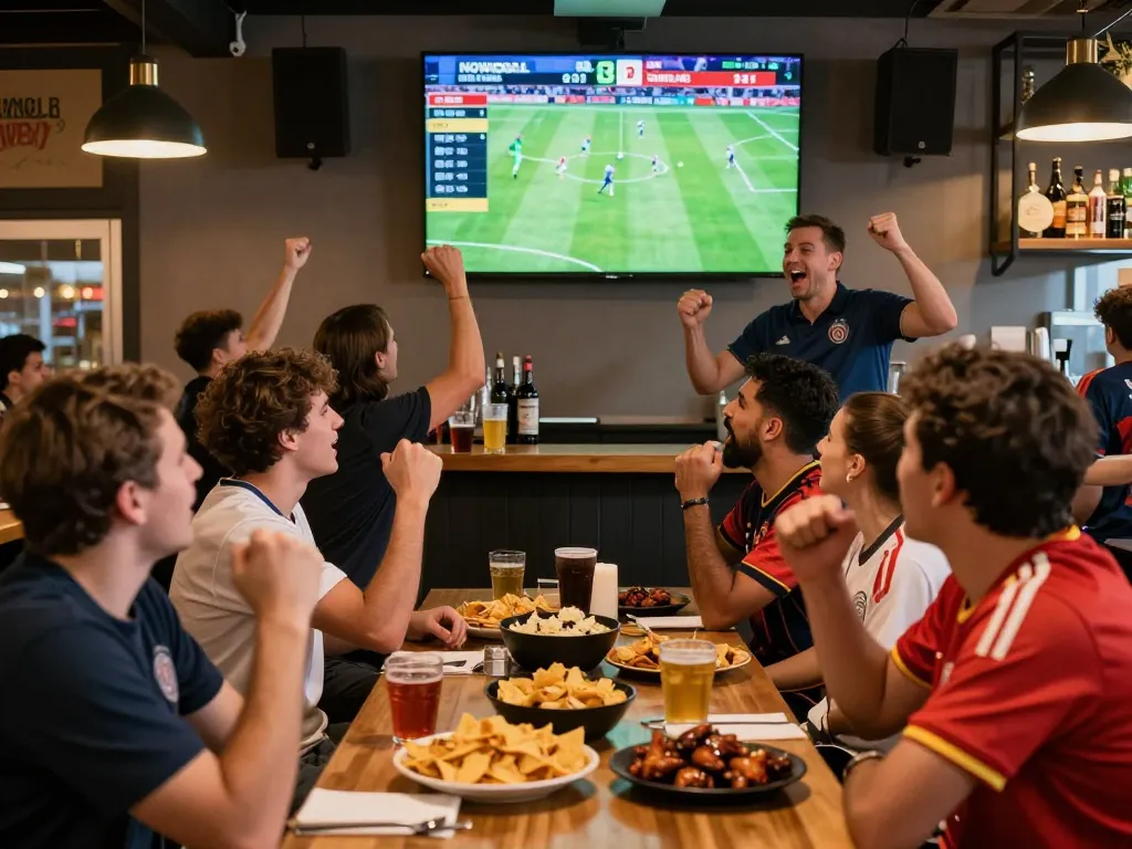 Fans enjoying football live scores on Nowgoal at a sports bar with vibrant atmosphere.