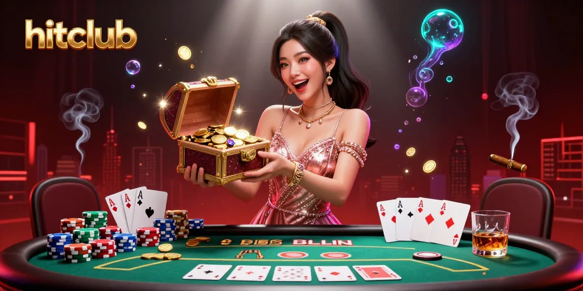 Hitclub presents an Asian woman with a treasure chest in a vibrant casino scene, rich in elements.