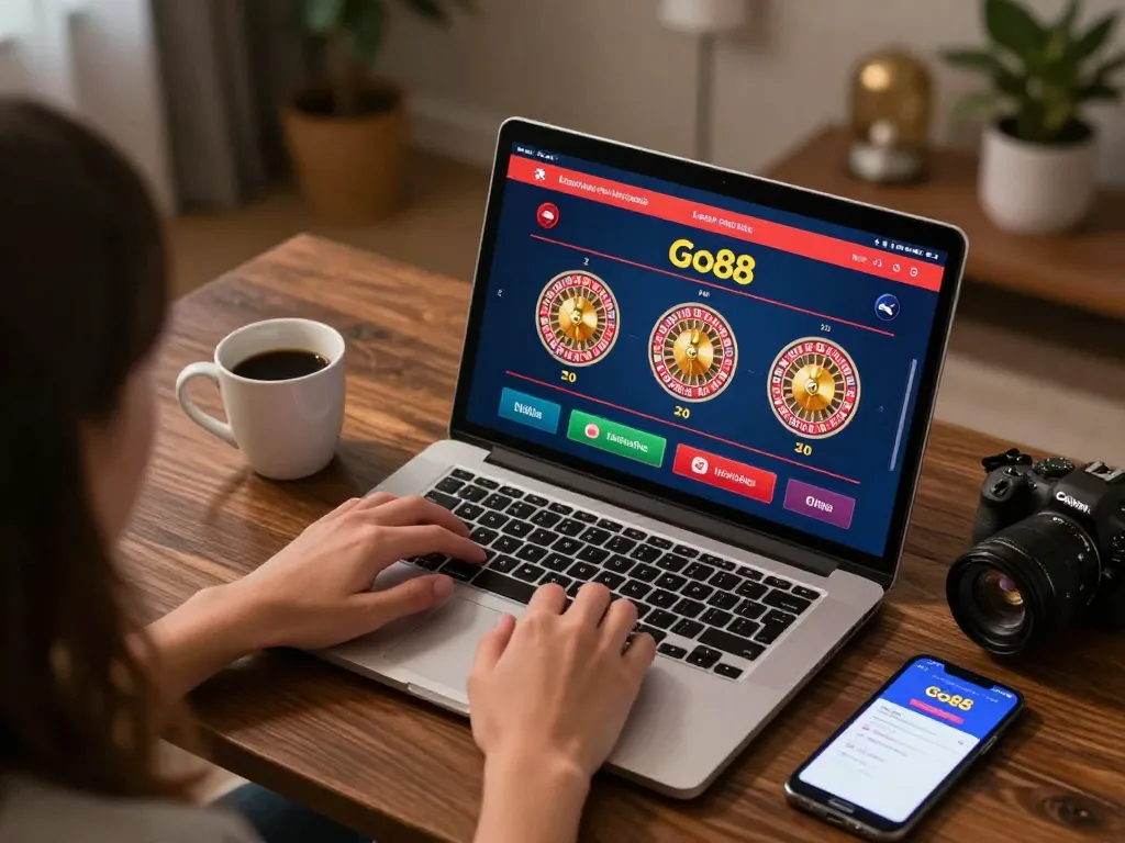 Engaging with Go88's live casino games on a laptop, showcasing an online gambling experience.