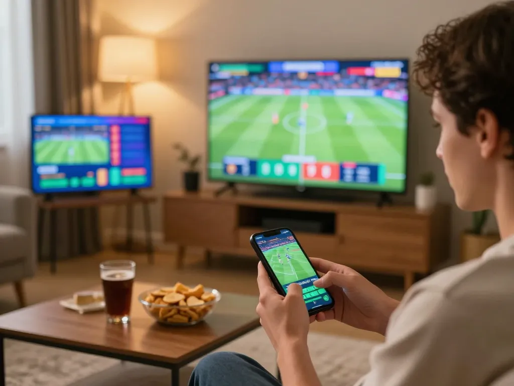 Engaged bettor using open88ss to place sports bets while enjoying a live game at home.