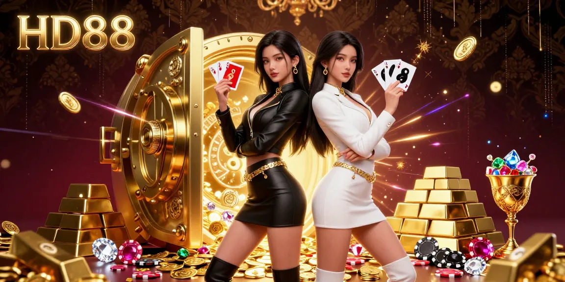 Experience thrilling HD88 casino gameplay with stunning twin Asian women holding red and black cards amidst treasure.