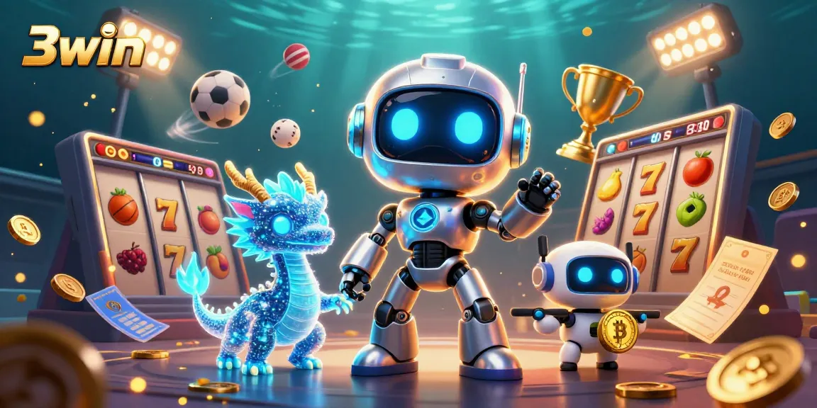 Engage with 3win's exciting casino experience featuring a dynamic 3D illustration of captivating characters and game elements.
