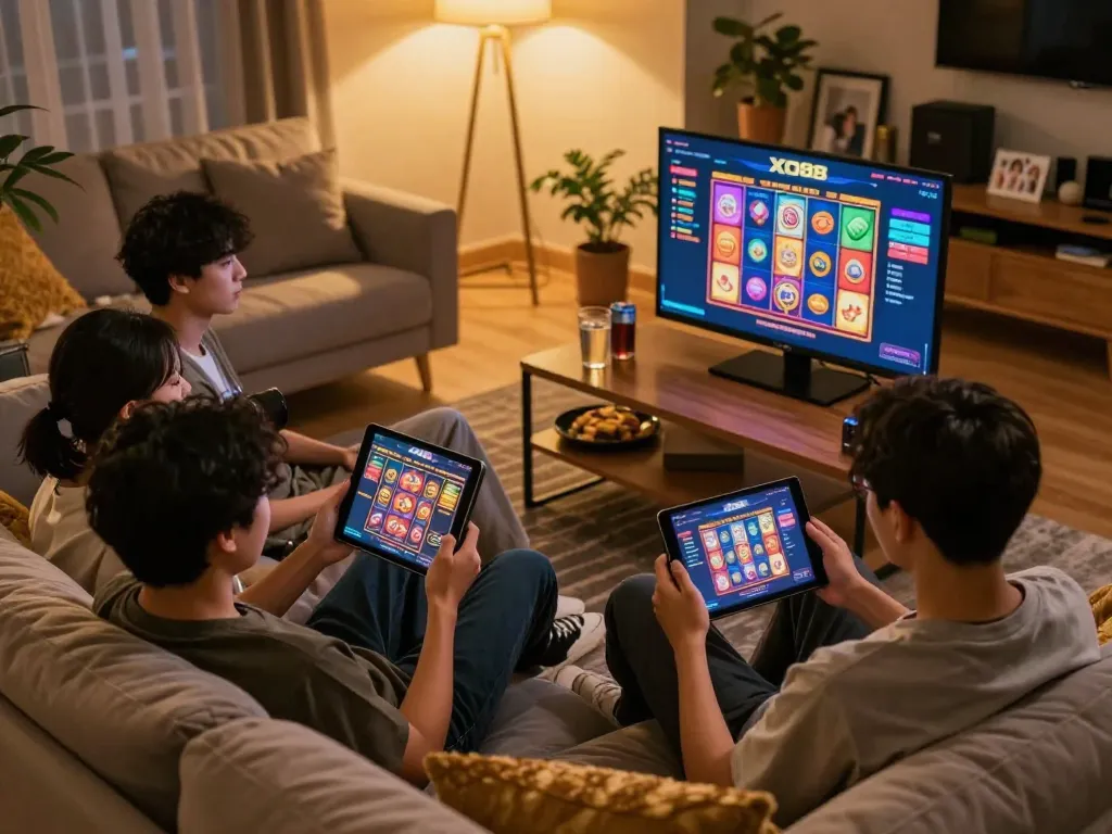 Engaging in online gaming with XO88 casino app on tablet in a cozy living room setup