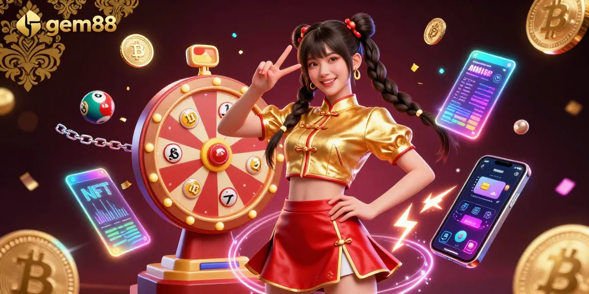 Experience gem88 with vibrant casino excitement featuring a joyful woman amidst colorful lottery balls and crypto coins.