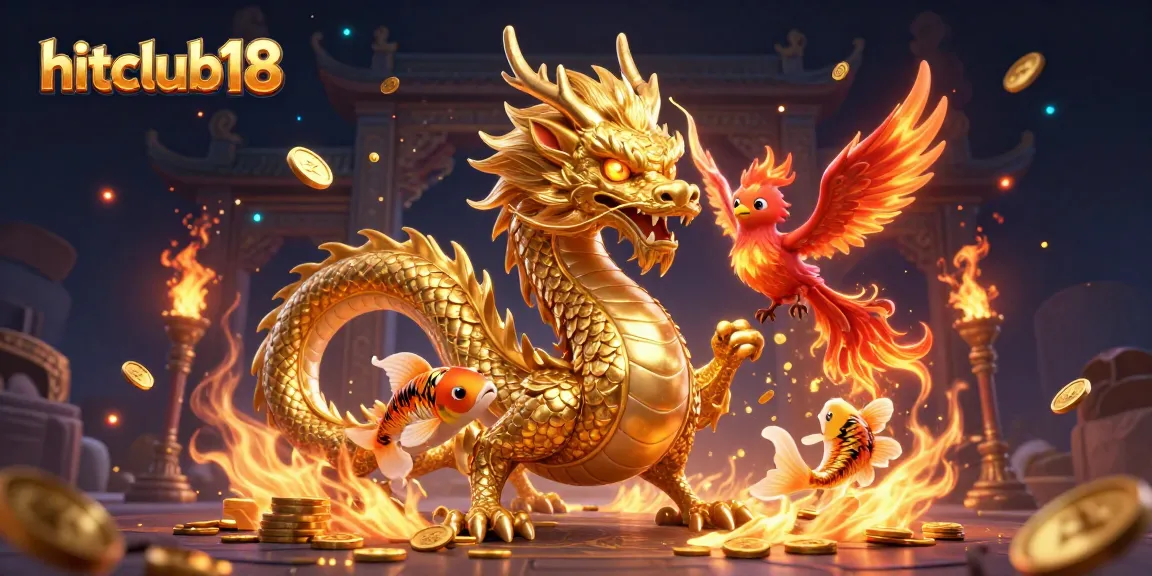 Experience thrilling wins at hitclub18 with vibrant characters and casino elements in a dynamic 3D illustration.