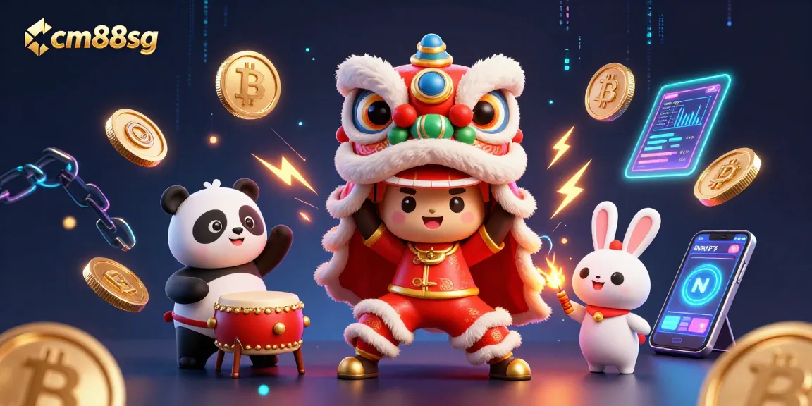 Betting excitement at cm88sg with a vibrant 3D casino scene featuring playful characters and cryptocurrency elements.