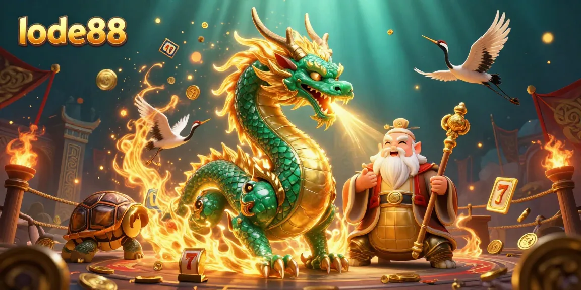 Engage with lode88’s thrilling gambling scene featuring a dragon, turtle sage, and cranes.